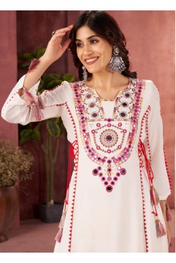 White Rayon Thread Real Mirror Work Kurti Set