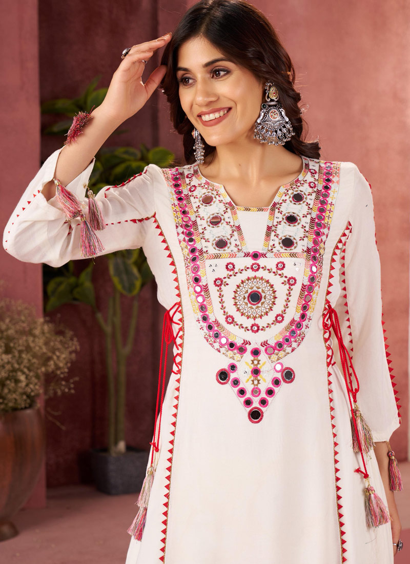 White Rayon Thread Real Mirror Work Kurti Set