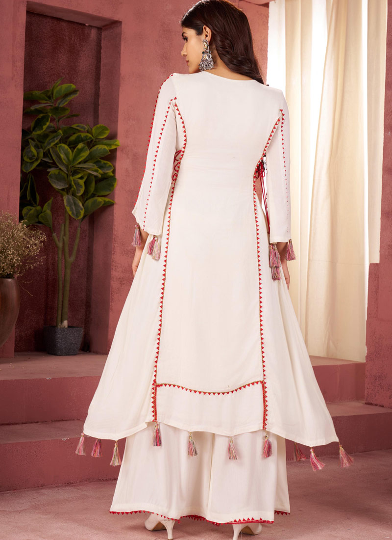 White Rayon Thread Real Mirror Work Kurti Set