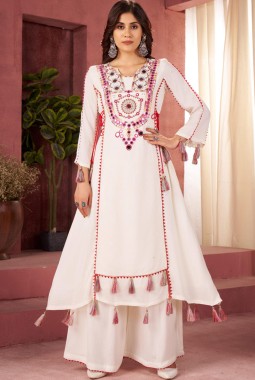 White Rayon Thread Real Mirror Work Kurti Set