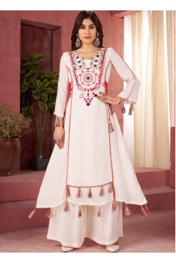 White Rayon Thread Real Mirror Work Kurti Set