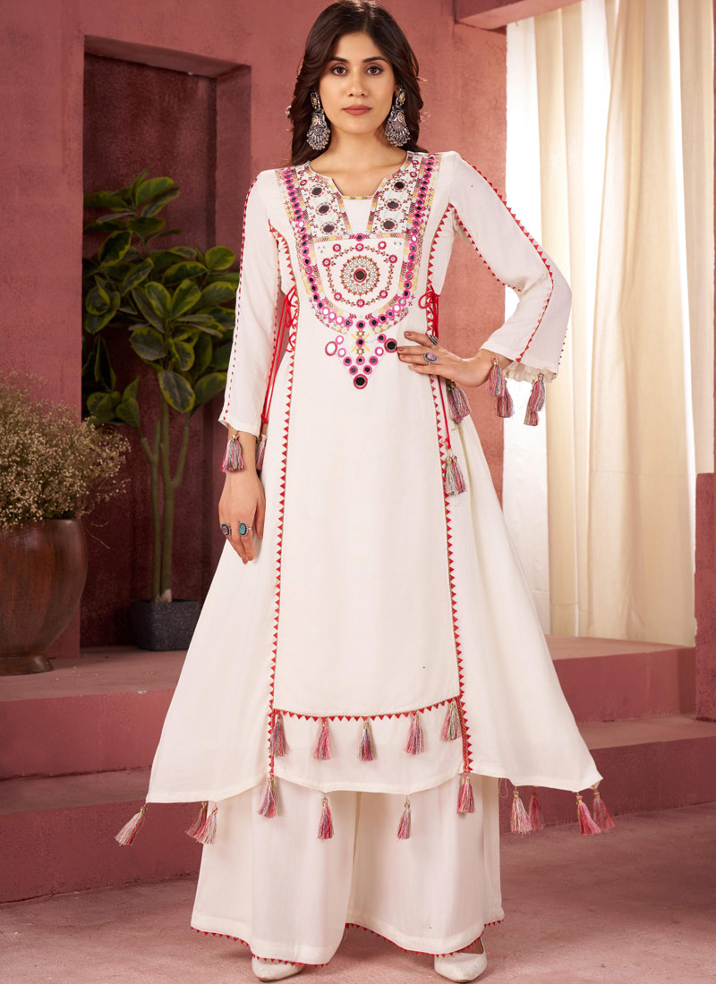 White Rayon Thread Real Mirror Work Kurti Set