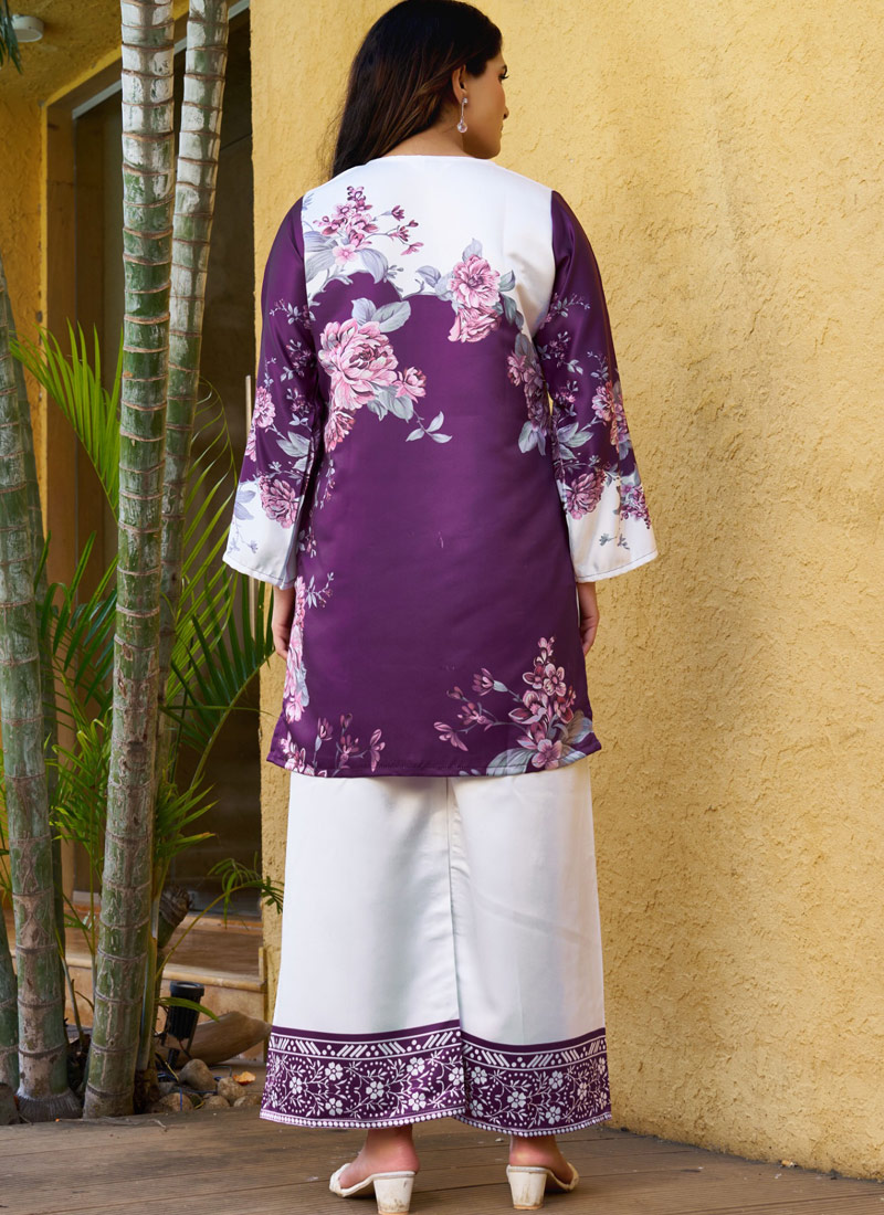 Purple And White Satin Printed Casual Co-Ord Set
