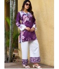 Purple And White Satin Printed Casual Co-Ord Set