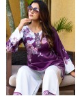 Purple And White Satin Printed Casual Co-Ord Set