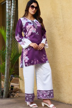 Purple And White Satin Printed Casual Co-Ord Set