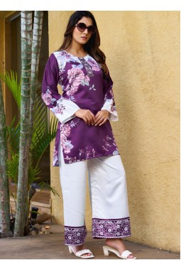 Purple And White Satin Printed Casual Co-Ord Set