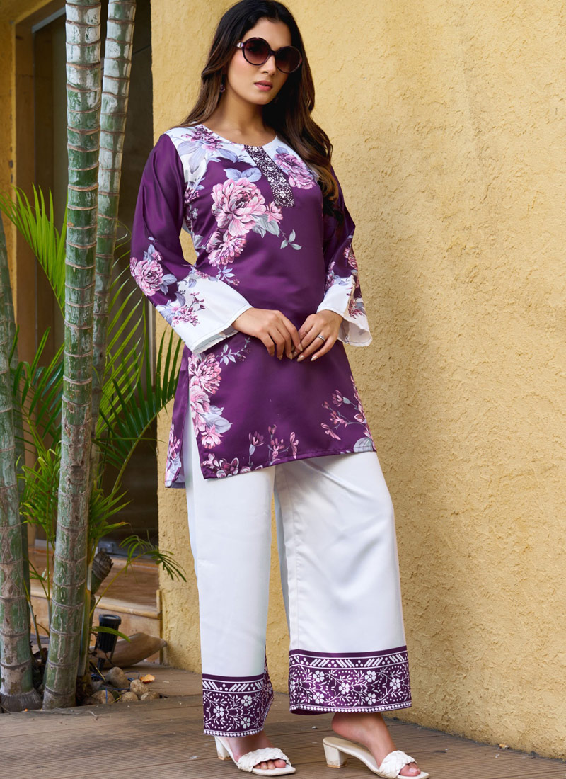 Purple And White Satin Printed Casual Co-Ord Set