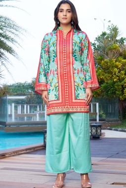 Sea Green Satin Printed Casual Co-Ord Set