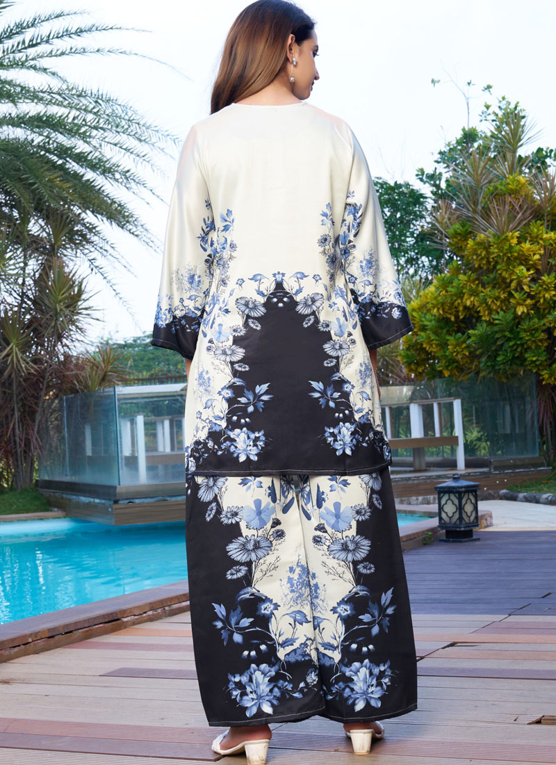 White And Navy Blue Satin Printed Casual Co-Ord Set