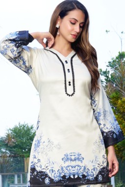 White And Navy Blue Satin Printed Casual Co-Ord Set