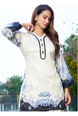 White And Navy Blue Satin Printed Casual Co-Ord Set