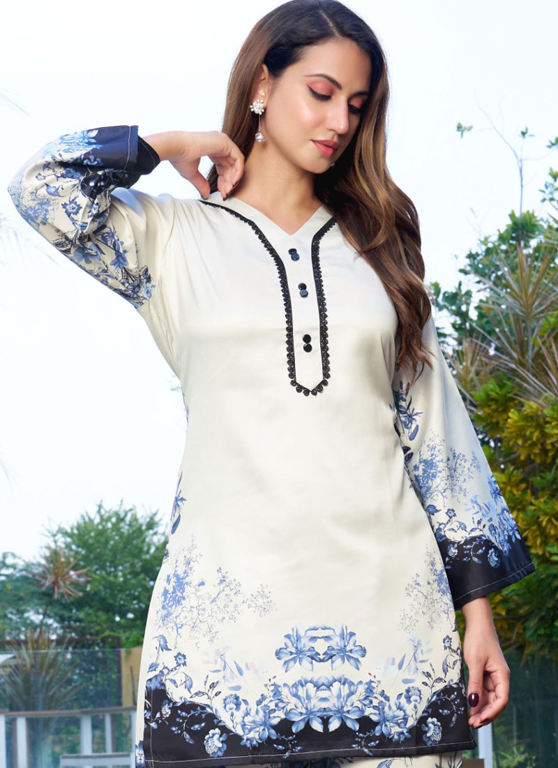 White And Navy Blue Satin Printed Casual Co-Ord Set