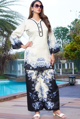 White And Navy Blue Satin Printed Casual Co-Ord Set