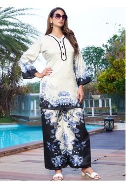 White And Navy Blue Satin Printed Casual Co-Ord Set