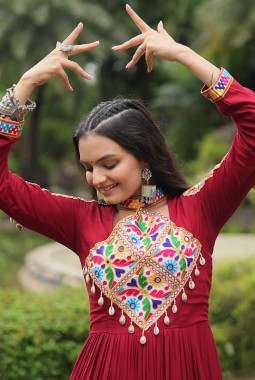 Maroon Rayon Kutchi Gamthi Work Navratri Wear Gown