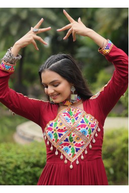 Maroon Rayon Kutchi Gamthi Work Navratri Wear Gown