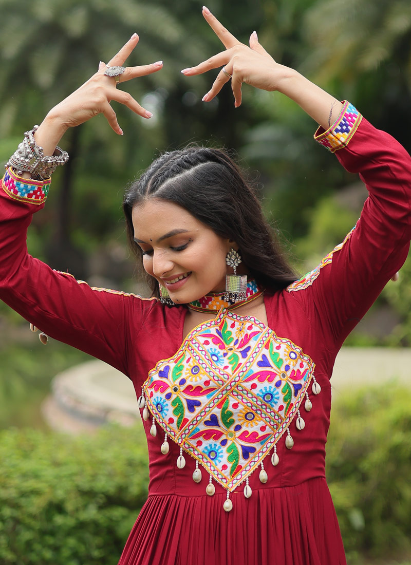 Maroon Rayon Kutchi Gamthi Work Navratri Wear Gown Maroon Rayon Kutchi Gamthi Work Navratri Wear Gown