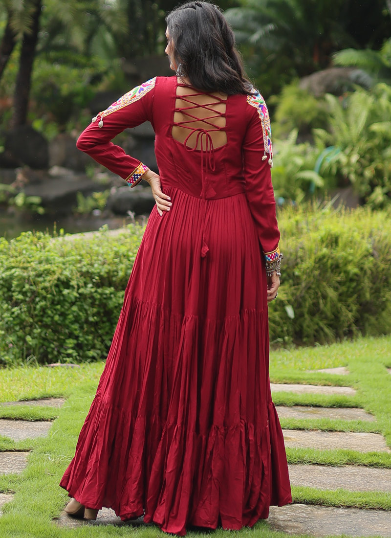 Maroon Rayon Kutchi Gamthi Work Navratri Wear Gown Maroon Rayon Kutchi Gamthi Work Navratri Wear Gown