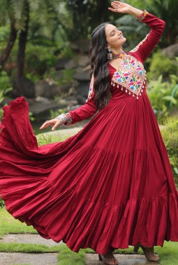 Maroon Rayon Kutchi Gamthi Work Navratri Wear Gown