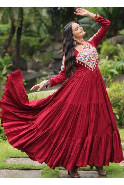 Maroon Rayon Kutchi Gamthi Work Navratri Wear Gown