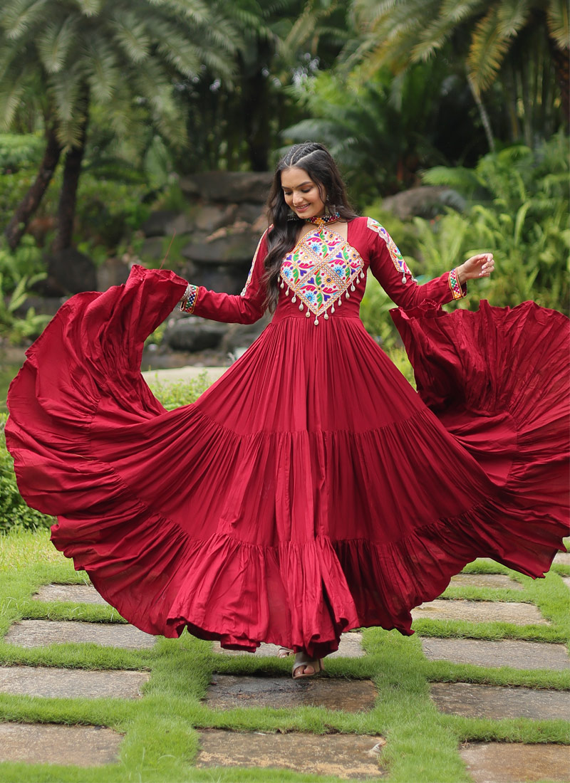 Maroon Rayon Kutchi Gamthi Work Navratri Wear Gown Maroon Rayon Kutchi Gamthi Work Navratri Wear Gown
