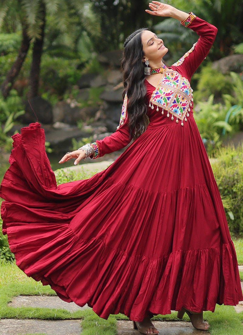 Maroon Rayon Kutchi Gamthi Work Navratri Wear Gown Maroon Rayon Kutchi Gamthi Work Navratri Wear Gown