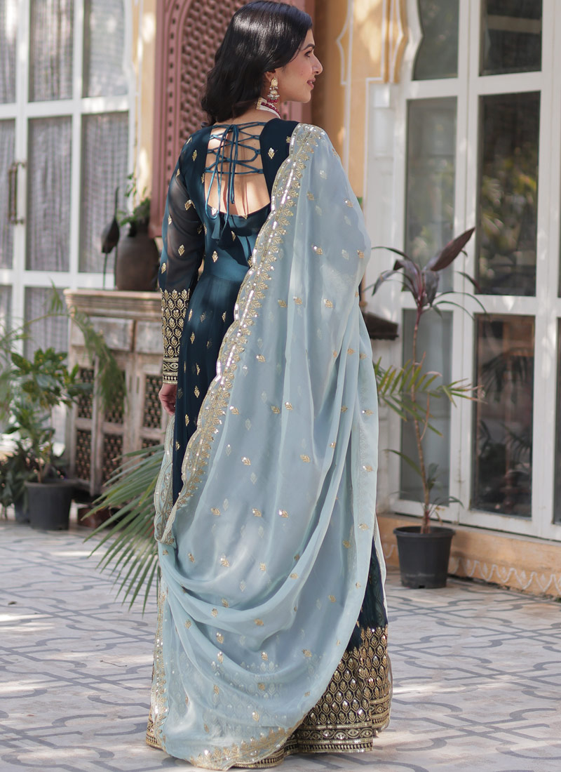 Navy Blue Faux Blooming Embroidered Sequins Work Wedding Gown With Dupatta Navy Blue Faux Blooming Embroidered Sequins Work Wedding Gown With Dupatta