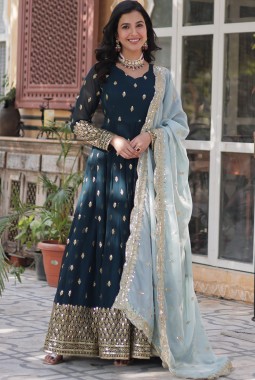 Navy Blue Faux Blooming Embroidered Sequins Work Wedding Gown With Dupatta