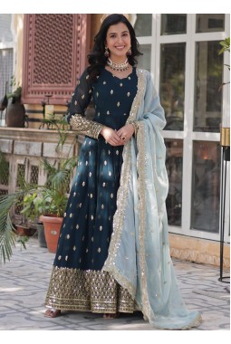 Navy Blue Faux Blooming Embroidered Sequins Work Wedding Gown With Dupatta