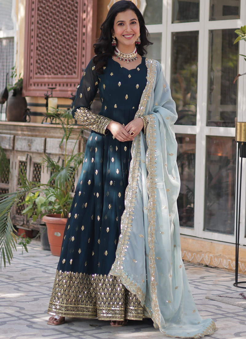 Navy Blue Faux Blooming Embroidered Sequins Work Wedding Gown With Dupatta Navy Blue Faux Blooming Embroidered Sequins Work Wedding Gown With Dupatta