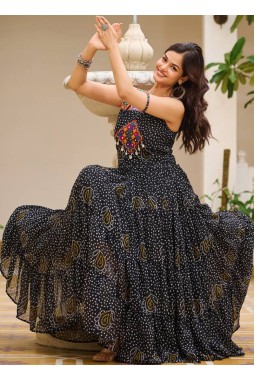 Black Georgette Gamthi Work Navratri Gown