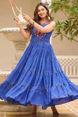 Blue Georgette Gamthi Work Navratri Gown