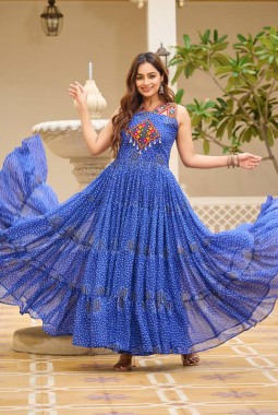 Blue Georgette Gamthi Work Navratri Gown