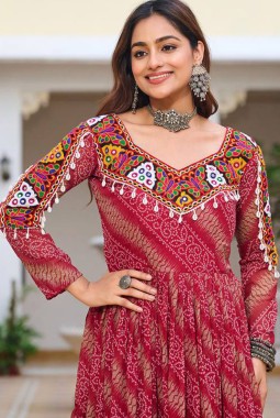 Red Gamthi Work Navratri Gown