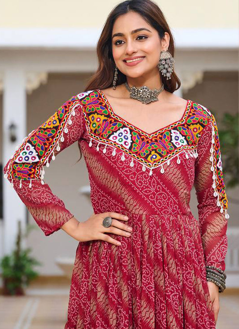 Red Gamthi Work Navratri Gown Red Gamthi Work Navratri Gown