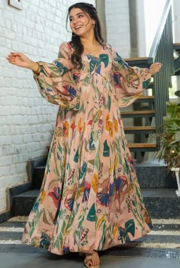 Peach Chinon Digital Print Anarkali Fully Flared Gown