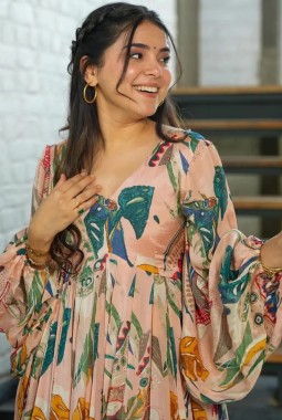 Peach Chinon Digital Print Anarkali Fully Flared Gown