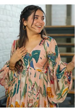 Peach Chinon Digital Print Anarkali Fully Flared Gown