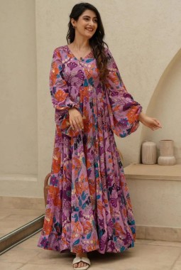 Lavender Chinon Digital Print Anarkali Fully Flared Gown