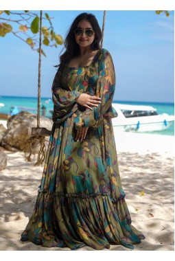 Green Georgette Digital Print Anarkali Fully Flared Gown