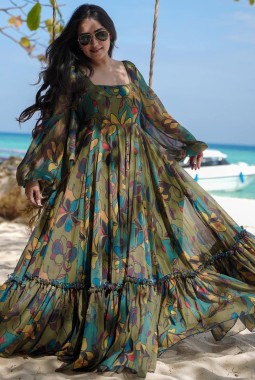 Green Georgette Digital Print Anarkali Fully Flared Gown