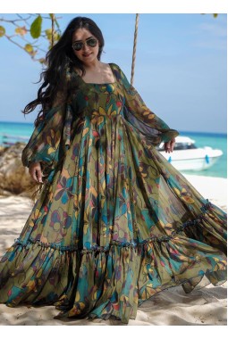 Green Georgette Digital Print Anarkali Fully Flared Gown