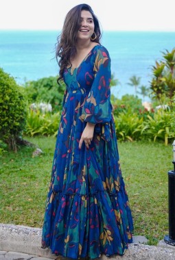 Blue Georgette Digital Print Anarkali Fully Flared Gown