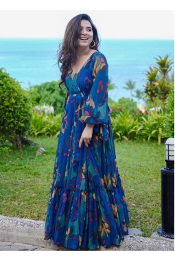 Blue Georgette Digital Print Anarkali Fully Flared Gown