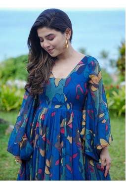 Blue Georgette Digital Print Anarkali Fully Flared Gown