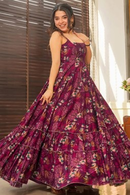 Maroon Rayon Digital Print Western Wear Anarkali Gown 