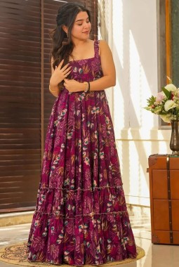 Maroon Rayon Digital Print Western Wear Anarkali Gown 