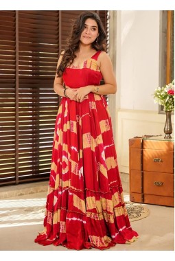 Red Rayon Digital Print Western Wear Anarkali Gown