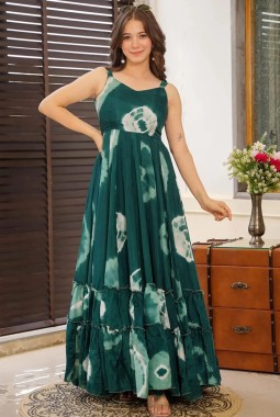 Teal Rayon Digital Print Western Wear Anarkali Gown